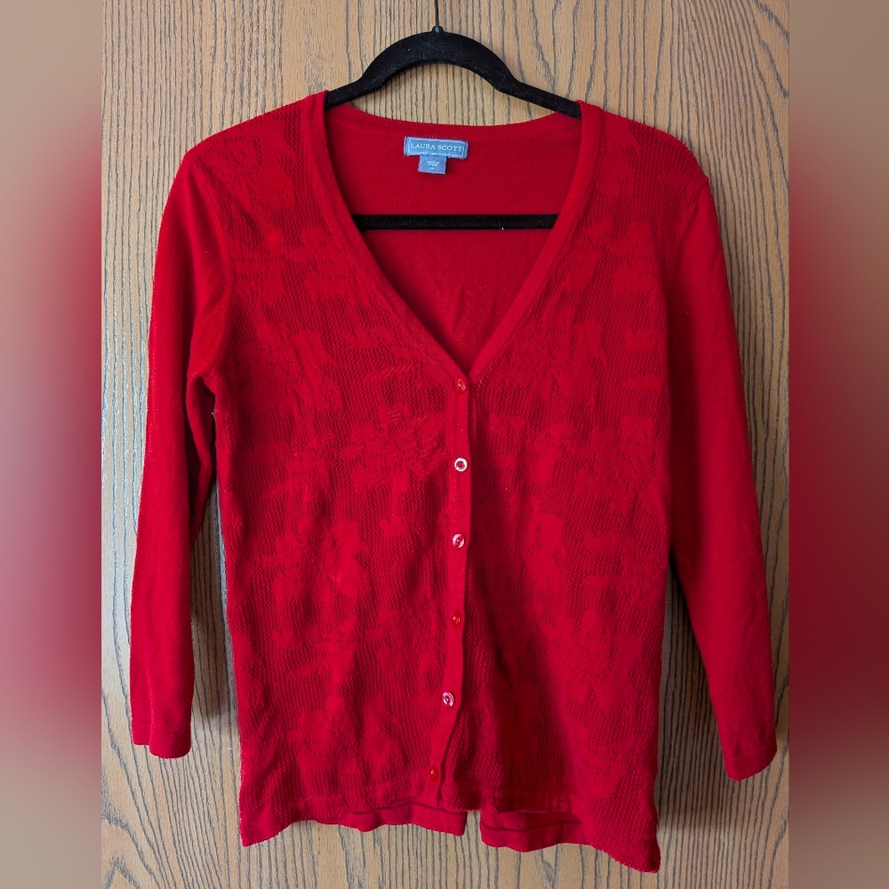 Laura Scott Red Poisetta Cutout Cardigan | S